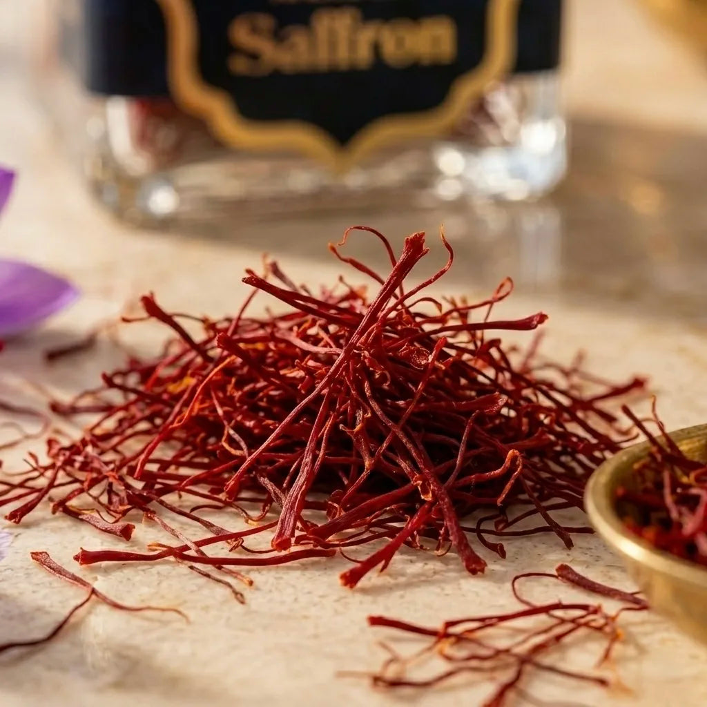 Saffron threads on a marble surface macro shotwith a bottle labeled 'Saffron' in the background.