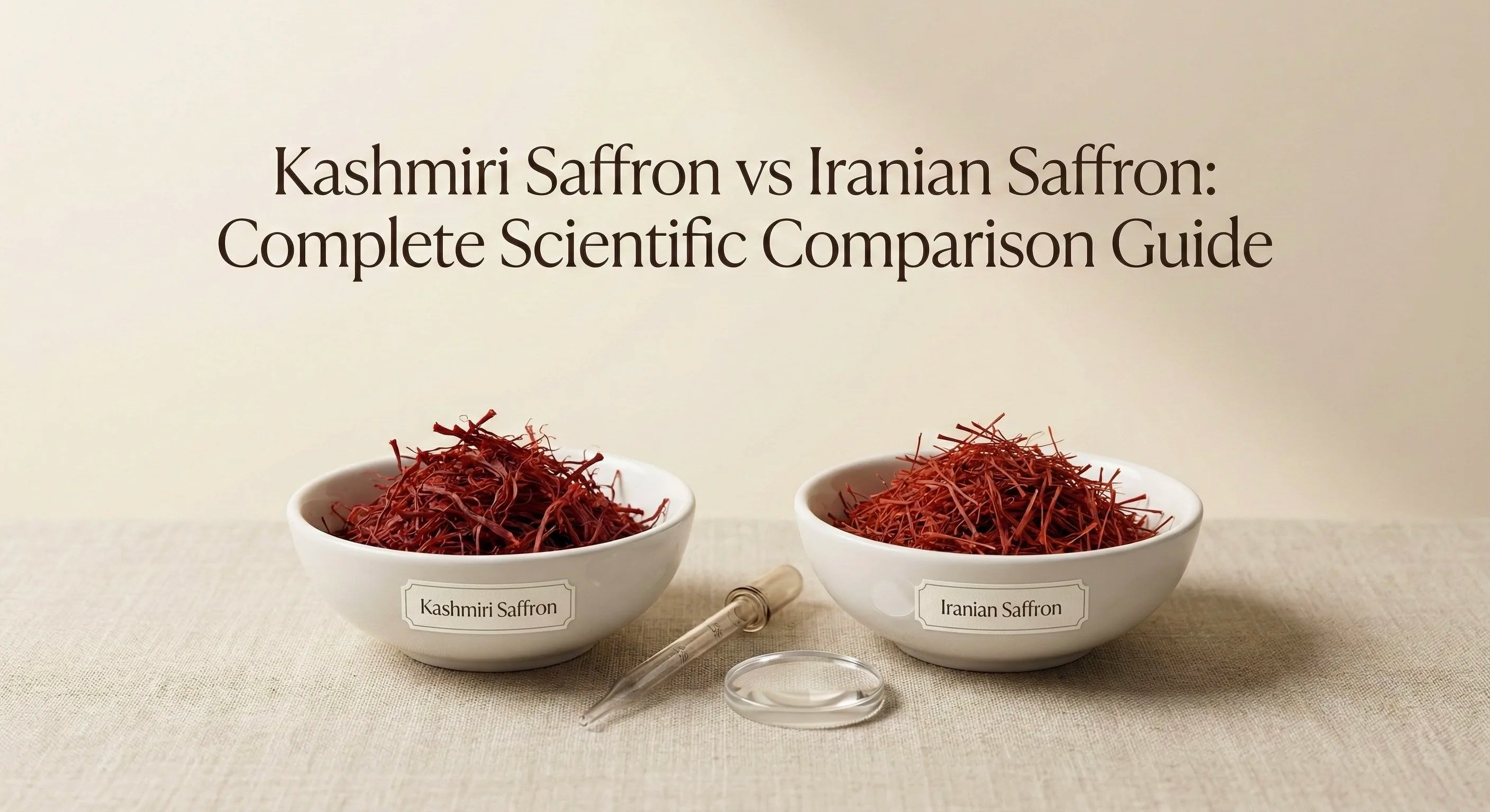 Two bowls labeled 'Kashmiri Saffron' and 'Iranian Saffron' on a textured surface with text overlay.
