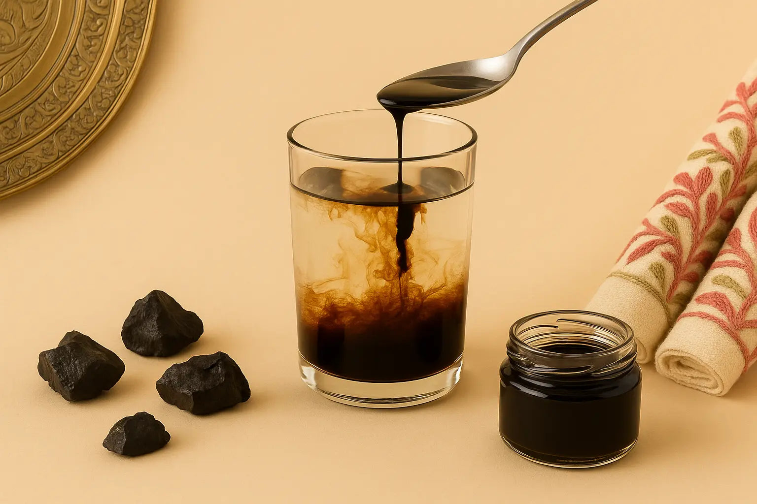 Glass of shilajit mixed with water with raw shilajit rock pieces and a wooden spoon on a beige background