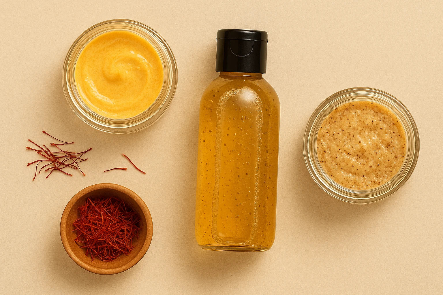 Kashmiri Saffron Cream, Scrub and Face wash in a bottle and jars on a beige background