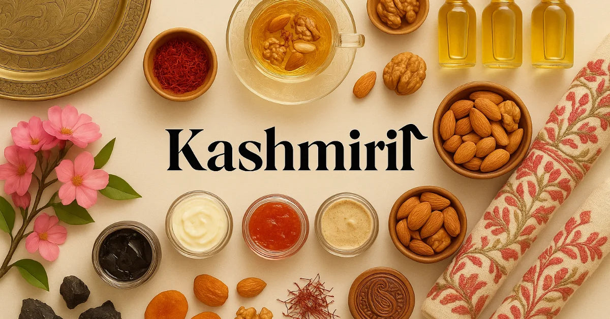 Assorted food items including Kashmiri Saffron, Nuts, Kehwa, Shilajit and Spices on a decorative background used as a display image for preview of Kashmiril
