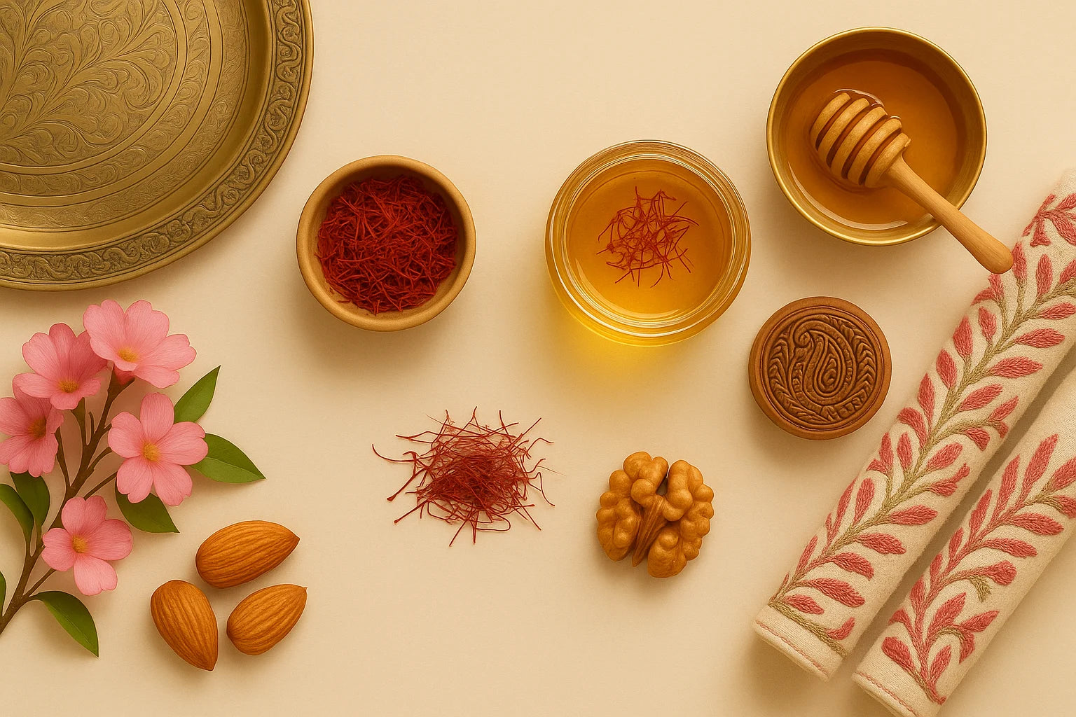 Spices and honeycomb with a decorative plate and flowers on a beige background