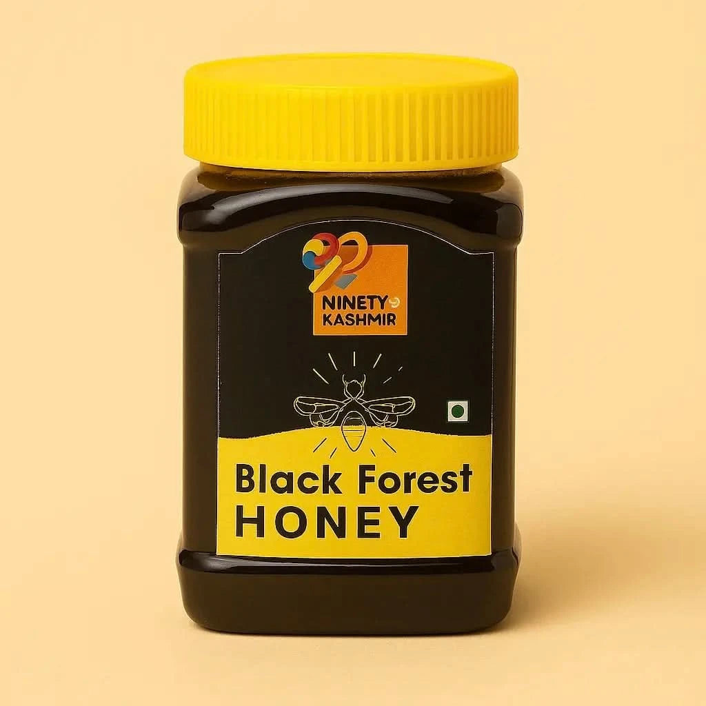 Jar of Black Forest Honey with Kashmiril branding on a beige background