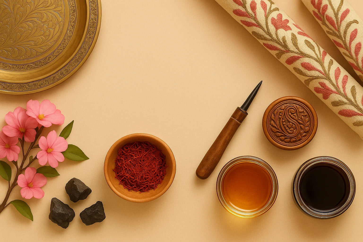 Traditional spices and tools on a beige surface with decorative elements.