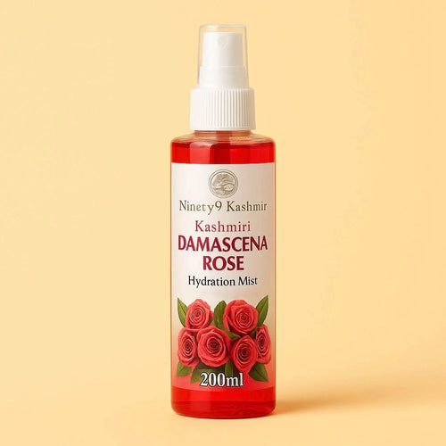 Bottle of Kashmiril Kashmiri Damascena Rose Hydration Mist on a beige background