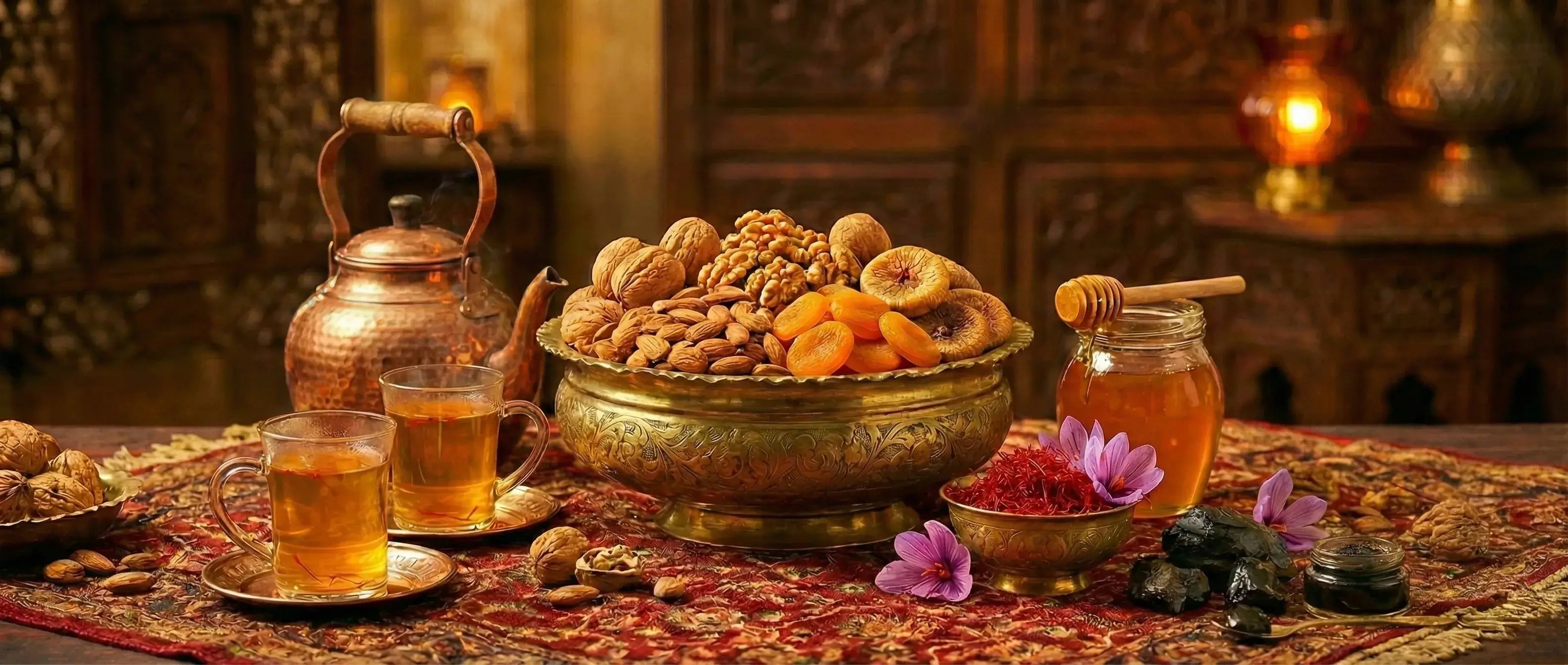 Decorative setting with a bowl of nuts, dried fruits, Kashmiri Saffron, and tea on a patterned surface.