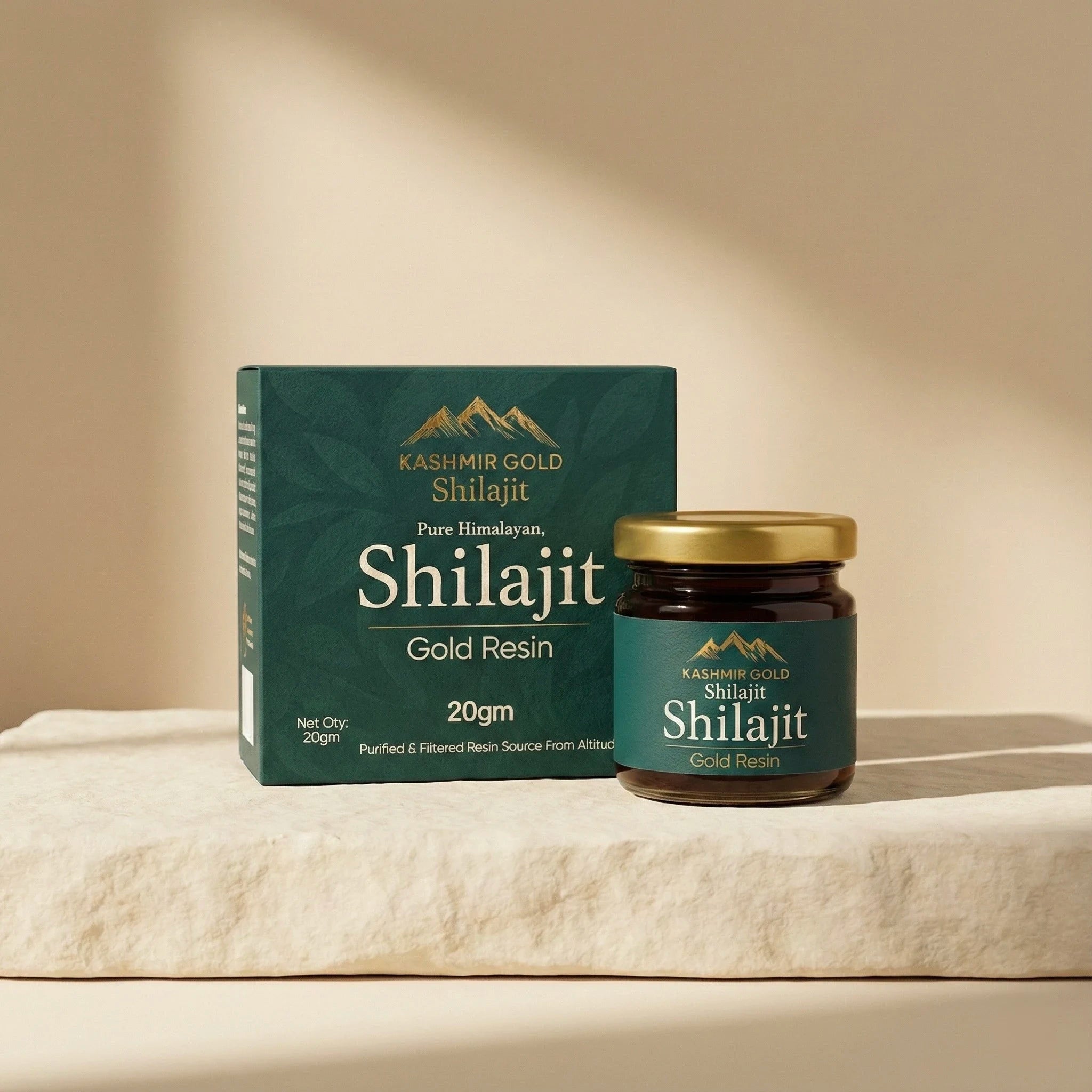 Kashmiril Kashmiri Himalayan Shilajit Resin packaging on a beige background