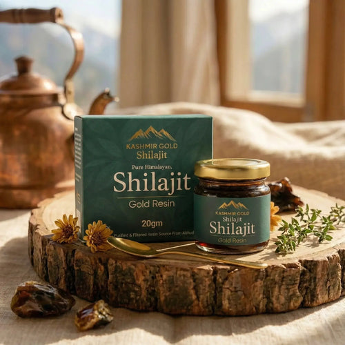 Kashmiril Kashmiri Himalayan Shilajit Resin packaging on a beige background