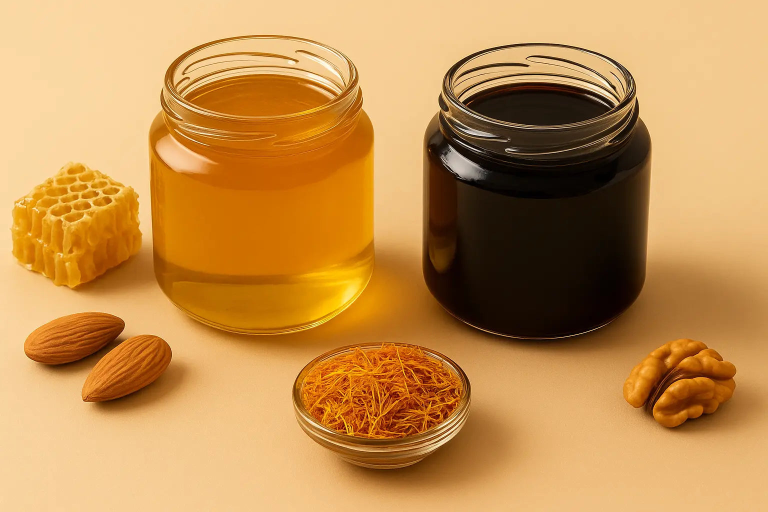 Two jars of honey and syrup with honeycomb, almonds, and a walnut on a beige background