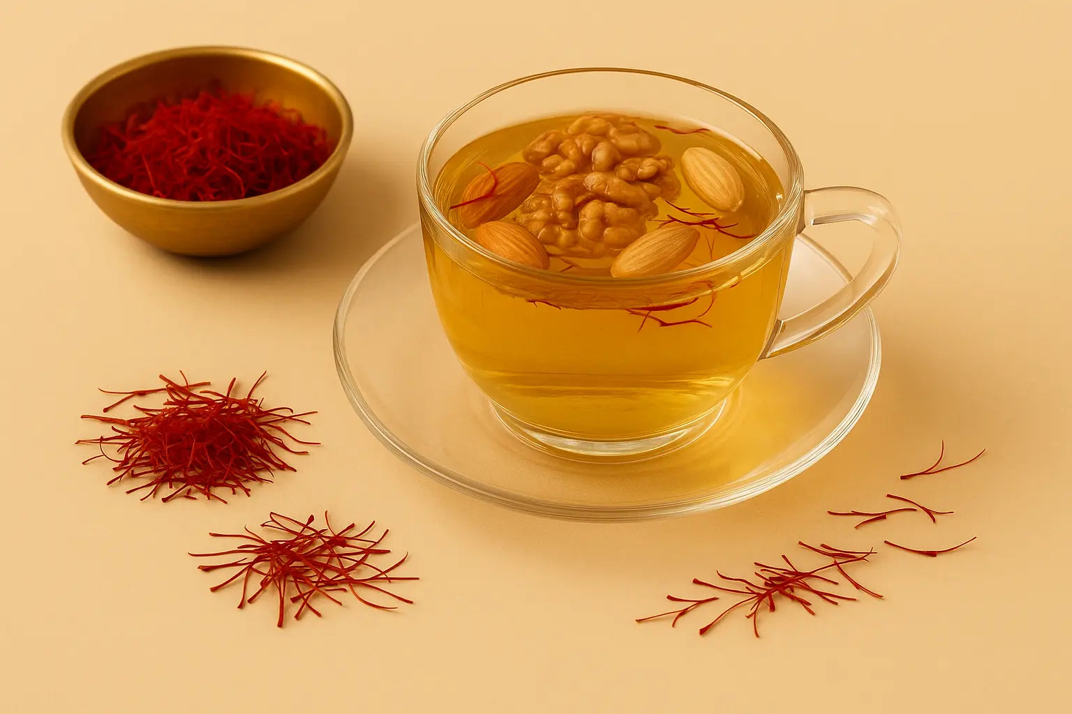 Glass cup of saffron-infused kehwa with a teapot and saffron strands on a beige background
