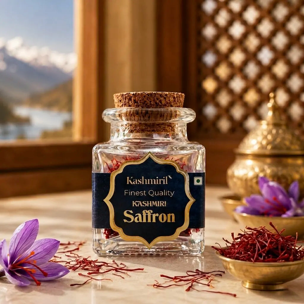 Jar of Kashmiril's Kashmiri saffron with saffron strands and flowers on a decorative background