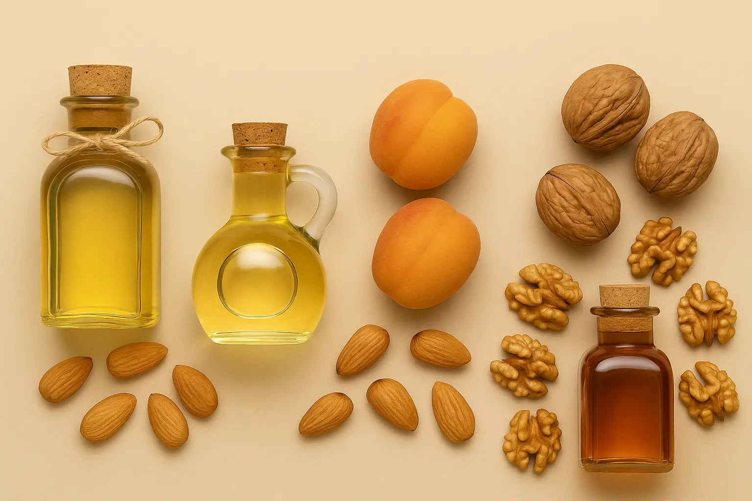 Three bottles of oil, two apricots, and various nuts on a beige background
