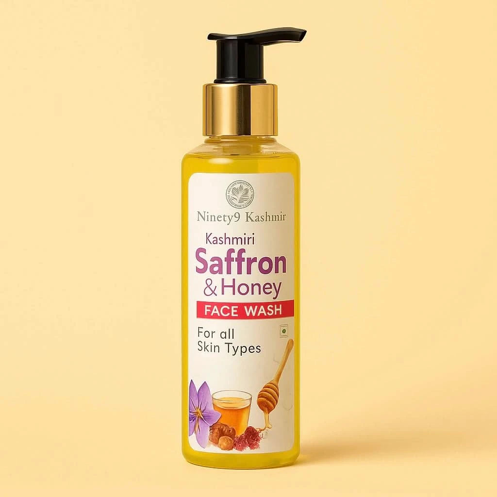 Bottle of Kashmiril Ninety9 Kashmiri Saffron & Honey Face Wash on a beige background