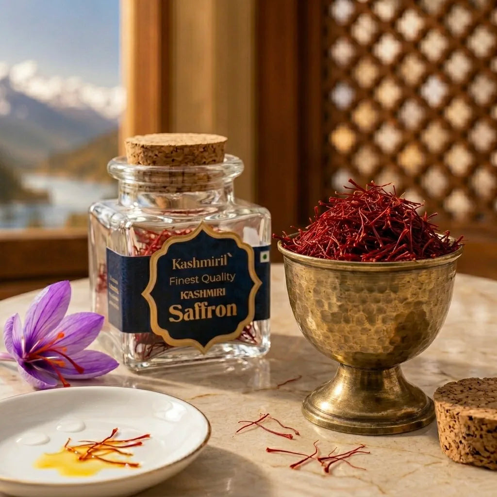 Jar of Kashmirl's Kashmiri saffron with a decorative bowl and Kashmiri saffron strands on a table with a scenic background.