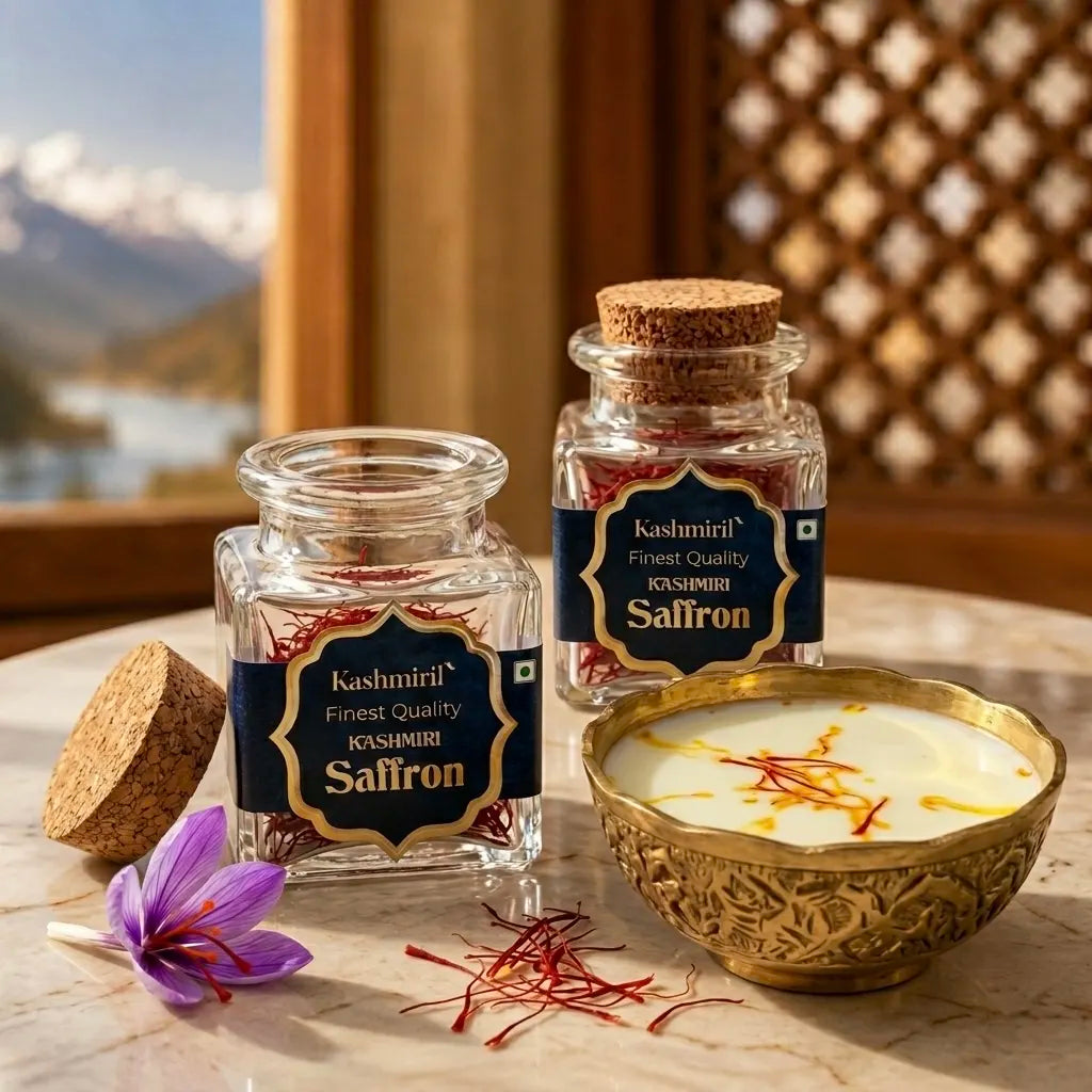 Two jars of Kashmiri saffron with a bowl of saffron-infused milk on a wooden surface with a scenic background.