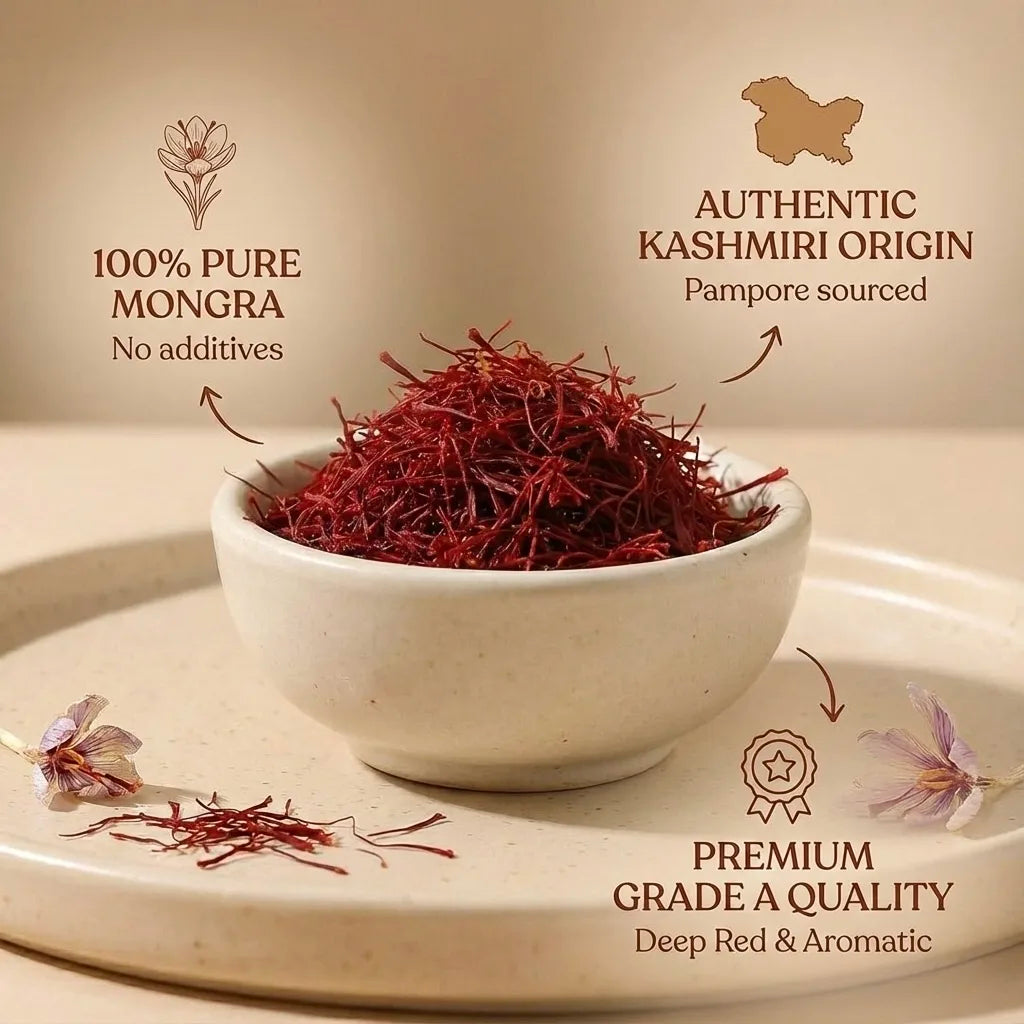 Bowl of saffron with branding and text about authenticity and quality on a beige background