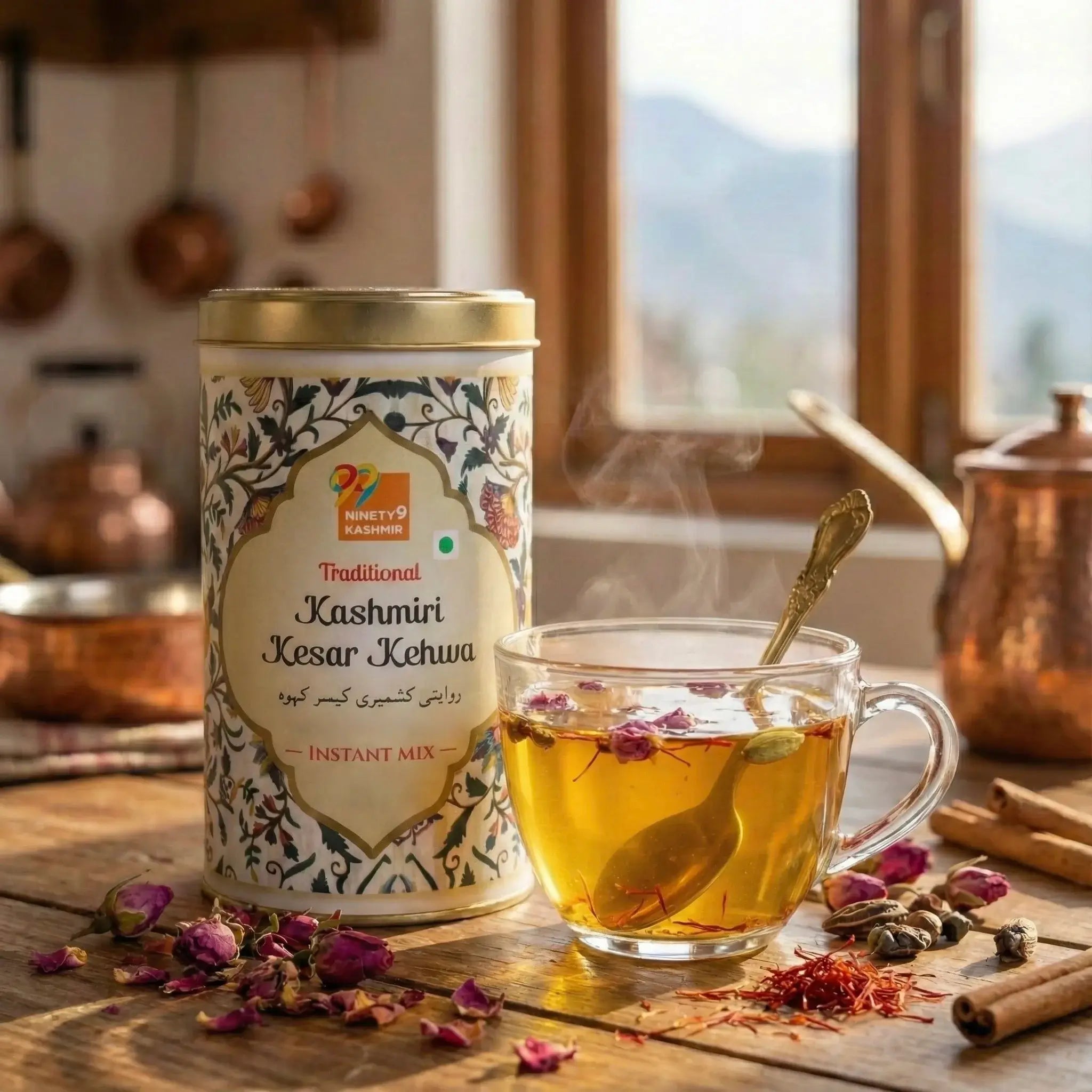 Kashmiri Kesar Kehwa tea canister with a steaming cup of tea on a wooden surface.