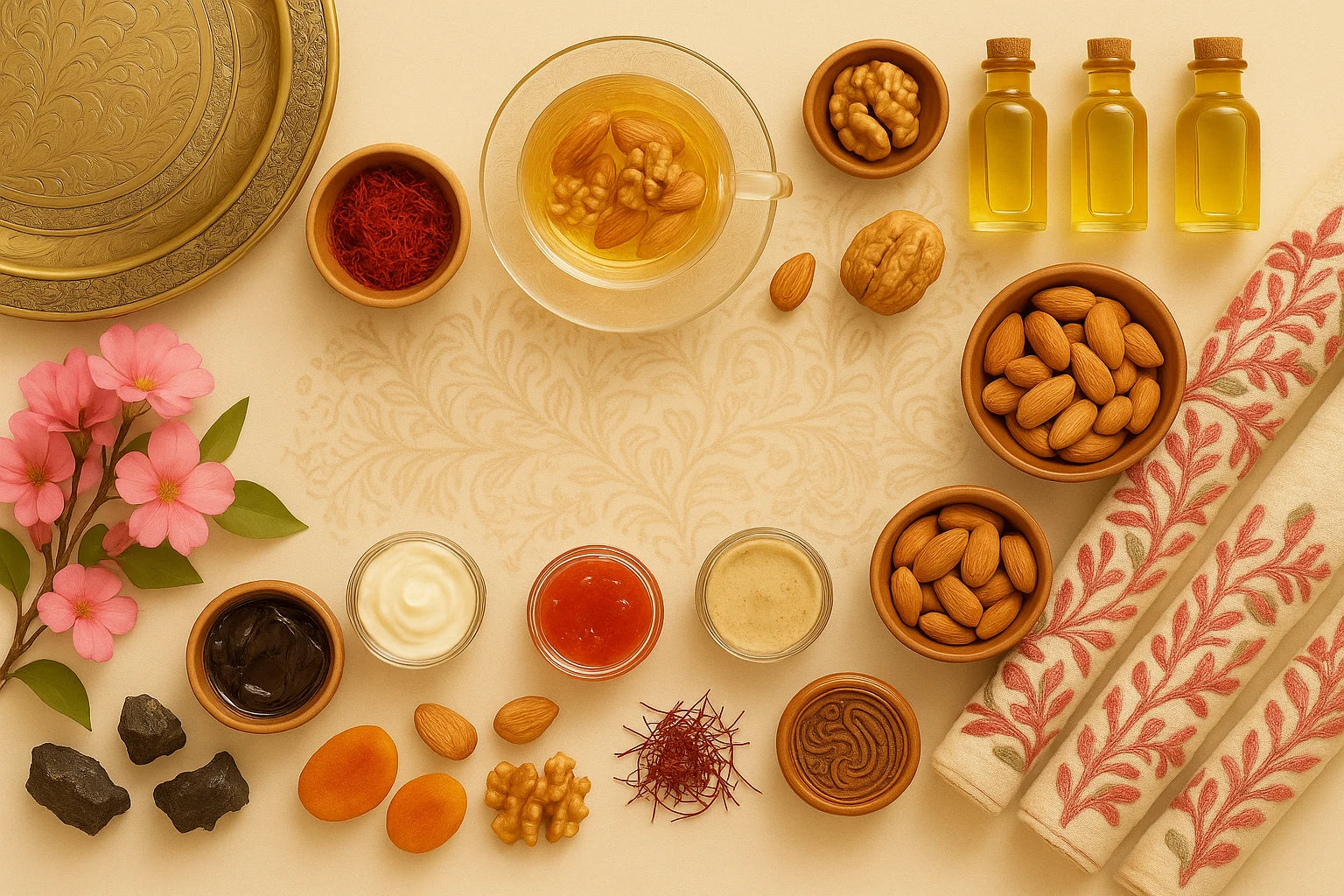 Assorted food items including nuts, tea, and spices on a decorative background used as a banner on Kashmiril
