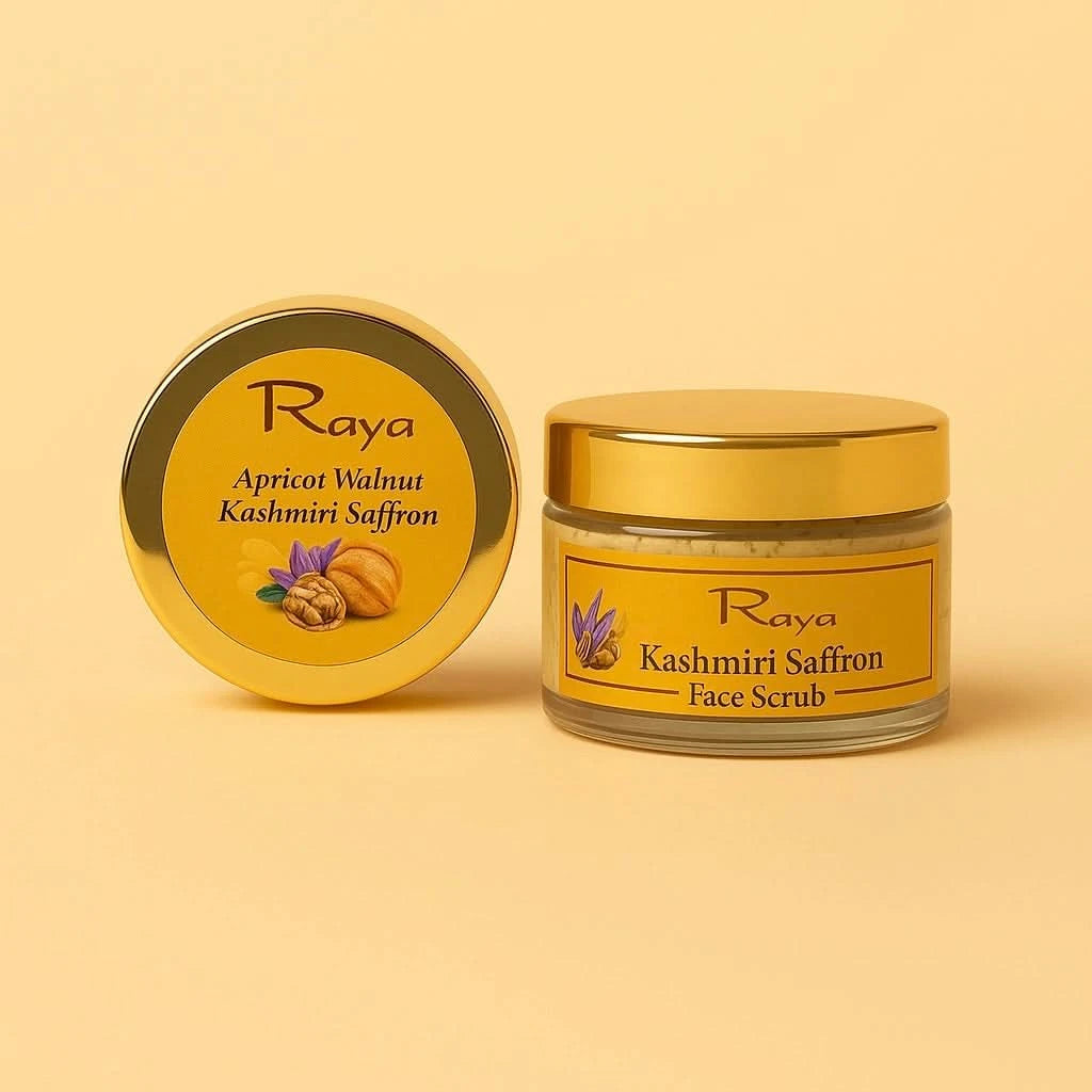 Kashmiril Raya Kashmiri Saffron Face Scrub jar with gold lid on a beige background