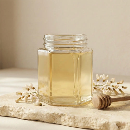 Jar of Kashmiril Acacia honey on a beige background