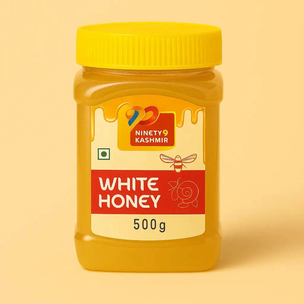 Jar of Kashmiril white honey on a beige background