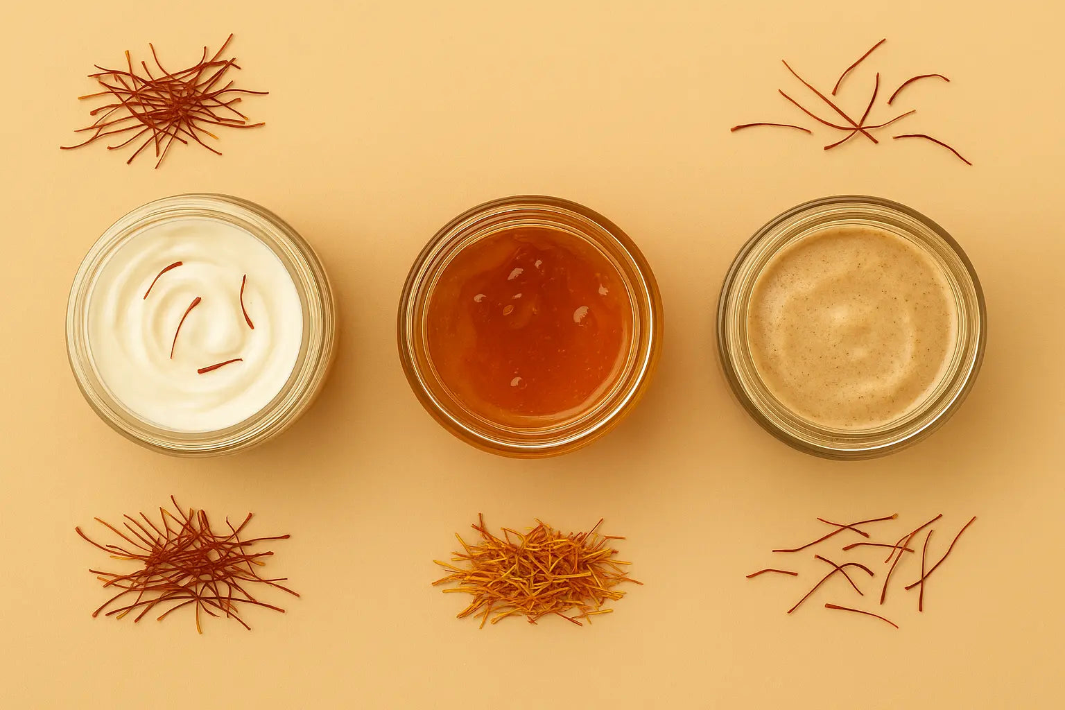 Three jars of different substances with saffron strands on a beige background