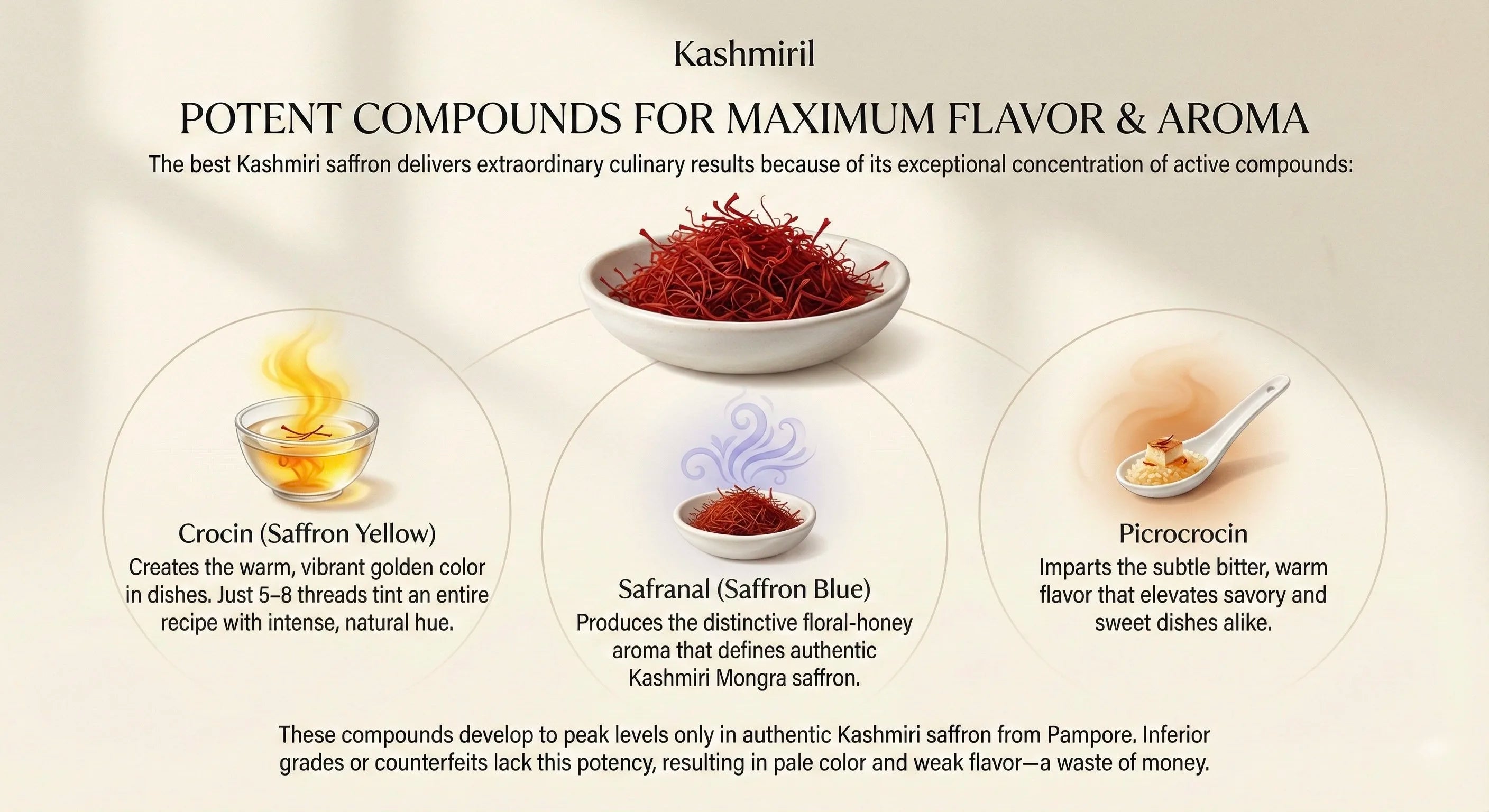 Infographic about Kashmiri saffron compounds and their effects on flavor and aroma.