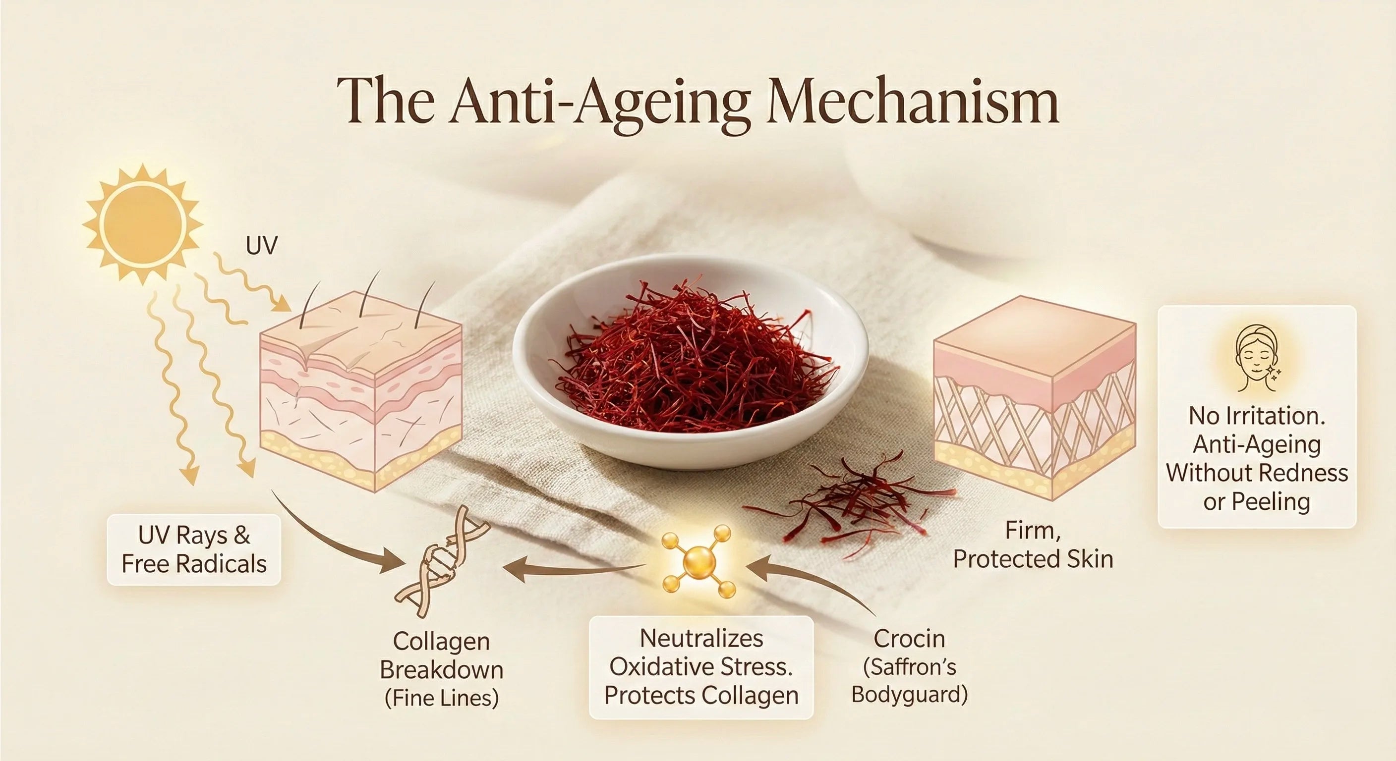 Infographics on Saffron Anti-Ageing Mechanism on a beige background