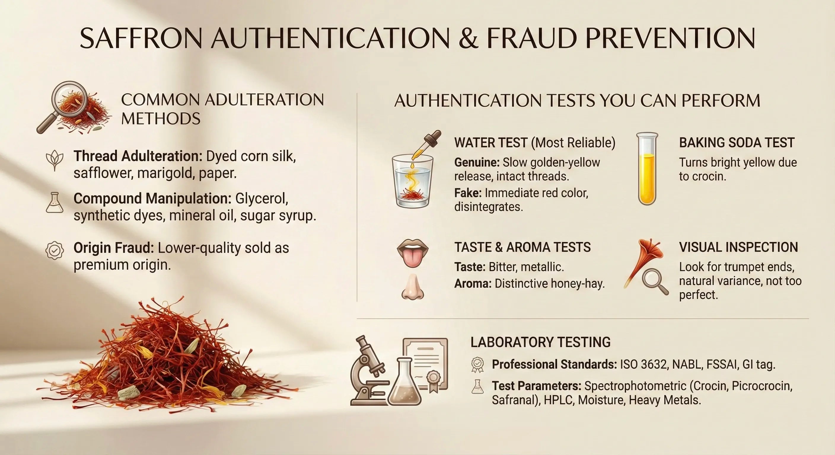 Saffron authentication and fraud prevention infographic with text and visual elements.