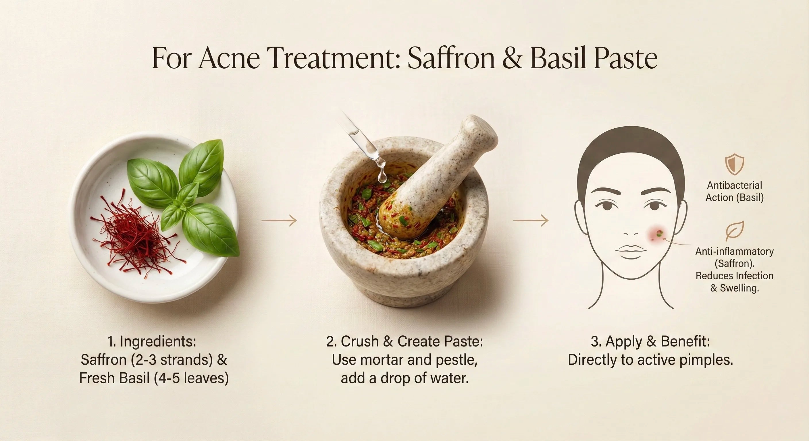 Infographics on how to use saffron for Acne Treatment on beige background
