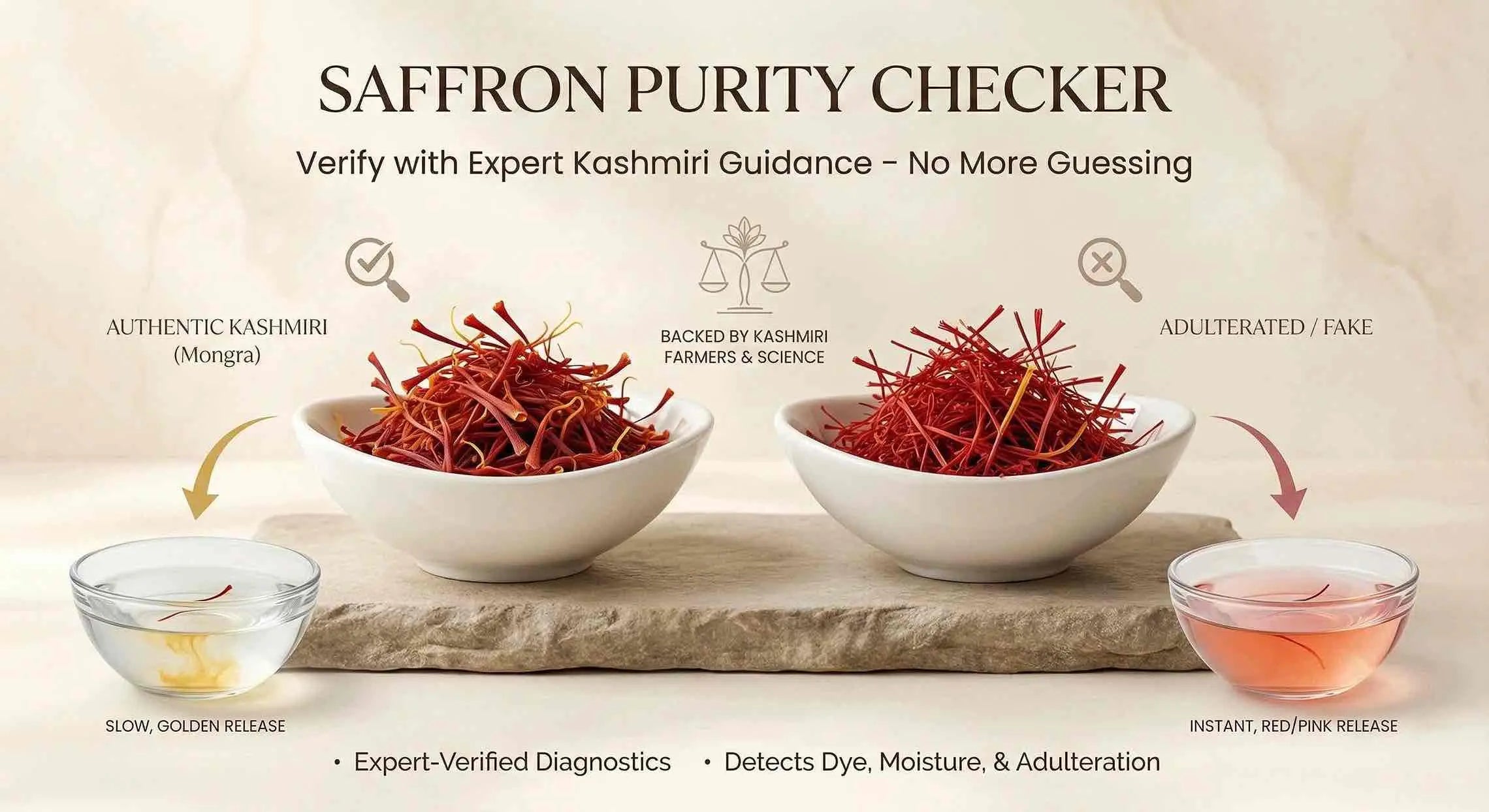 Saffron purity checker Infographics with three bowls of saffron and a glass of liquid on a wooden surface.