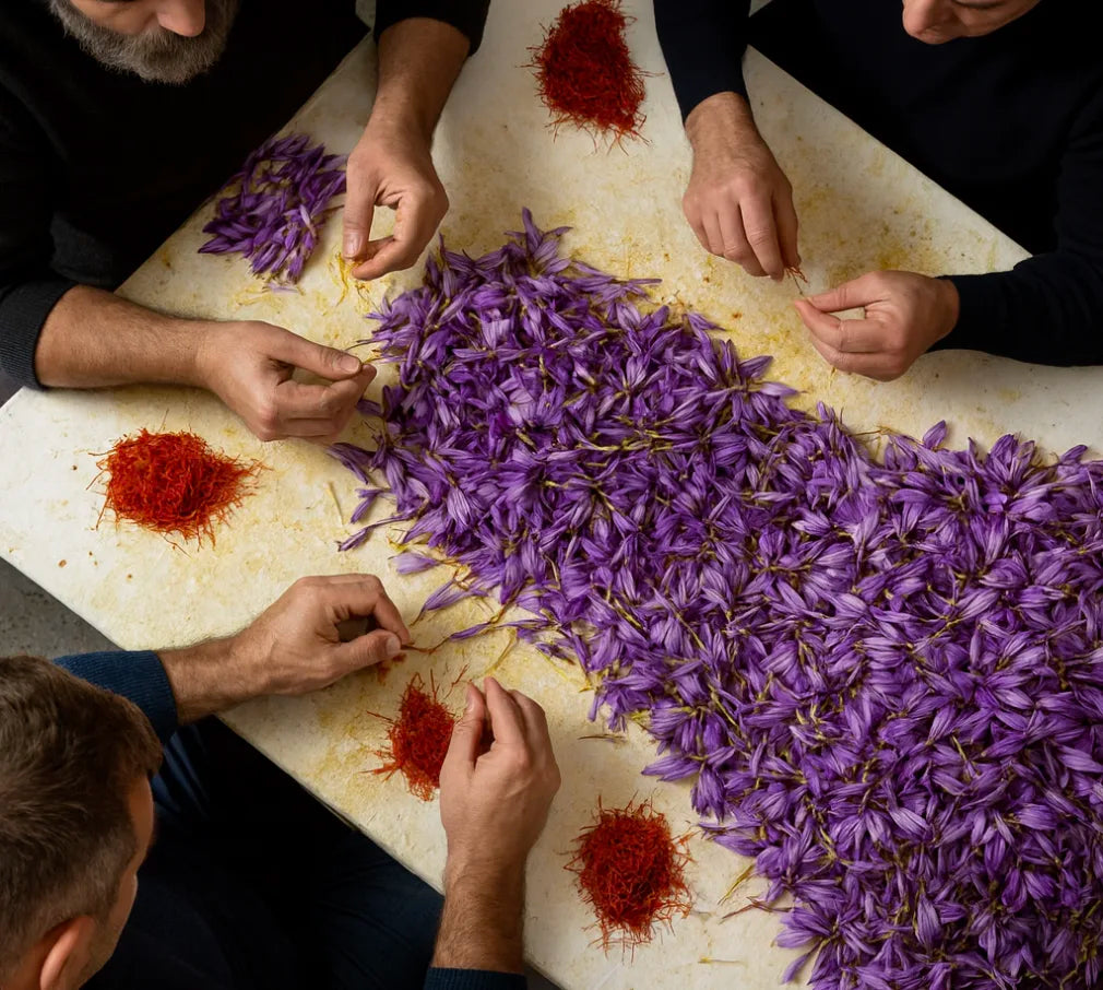 People sorting purple and red saffron on a table