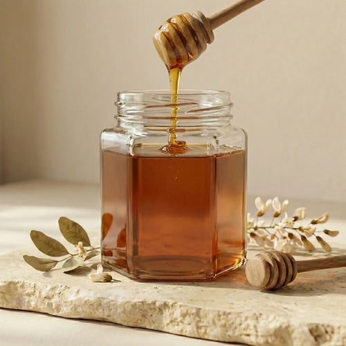 Kashmiri Sidr Honey being drizzled from a honey dipper into a glass jar on a wooden surface with a neutral background.