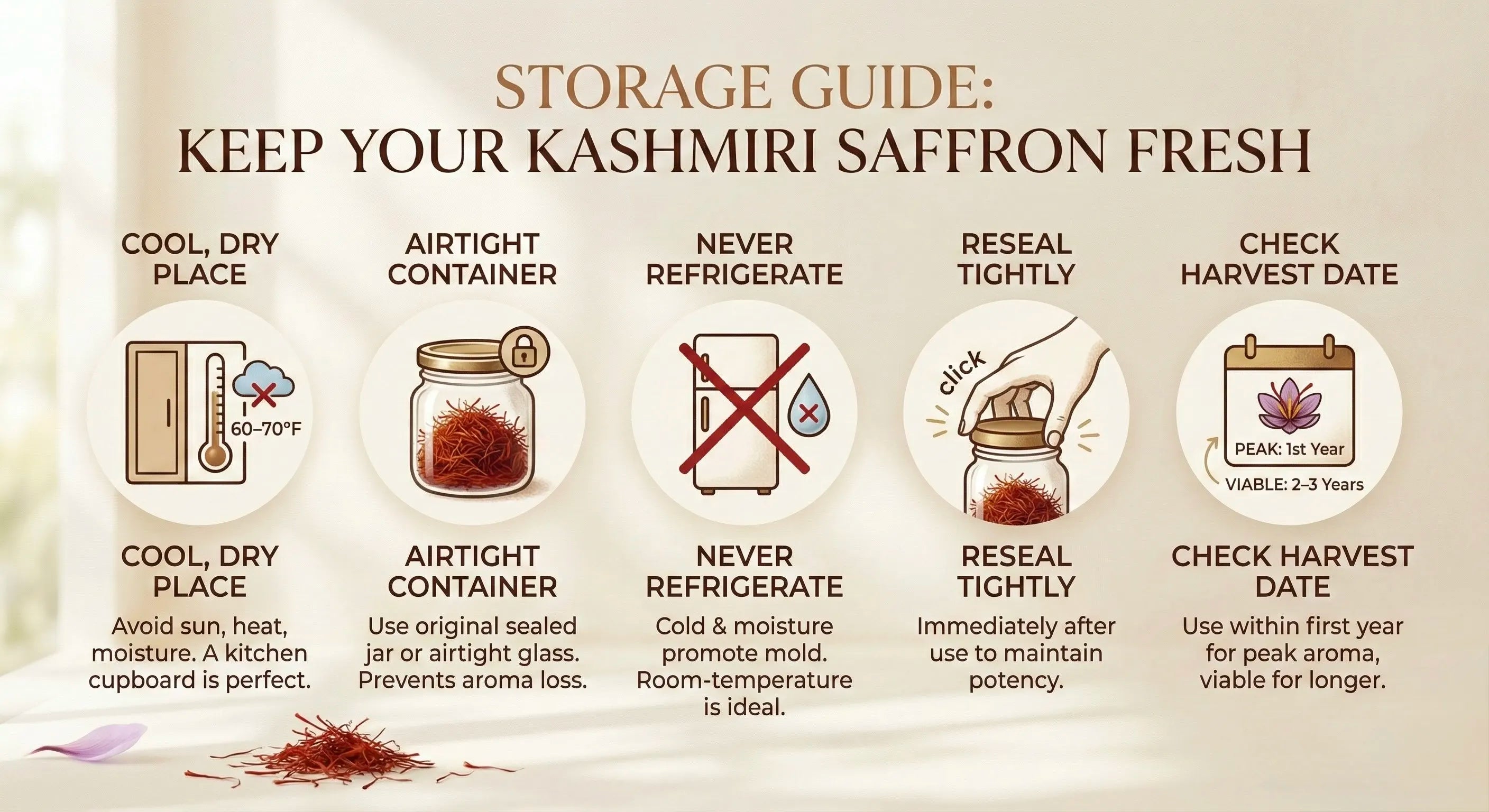 Storage guide for Kashmiri saffron with icons and text on a beige background