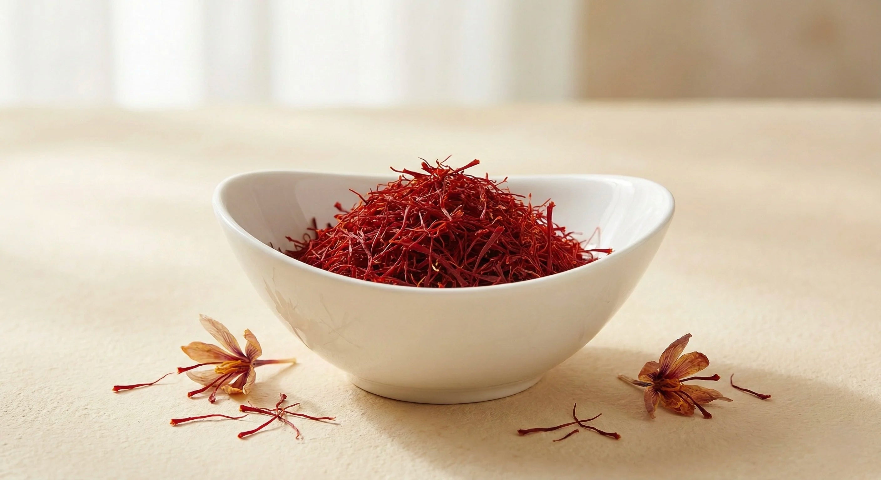 White bowl filled with Kashmiri Saffron on a beige surface