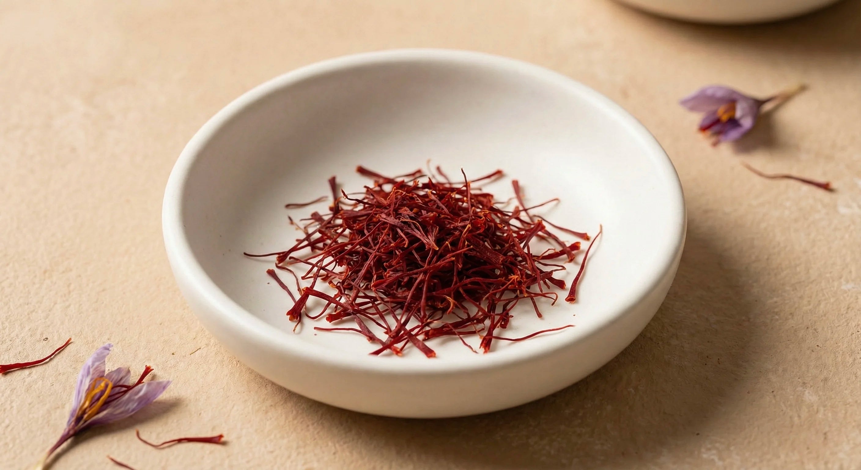 White bowl filled with Kashmiri Saffron threads on a beige surface with dried flowers.