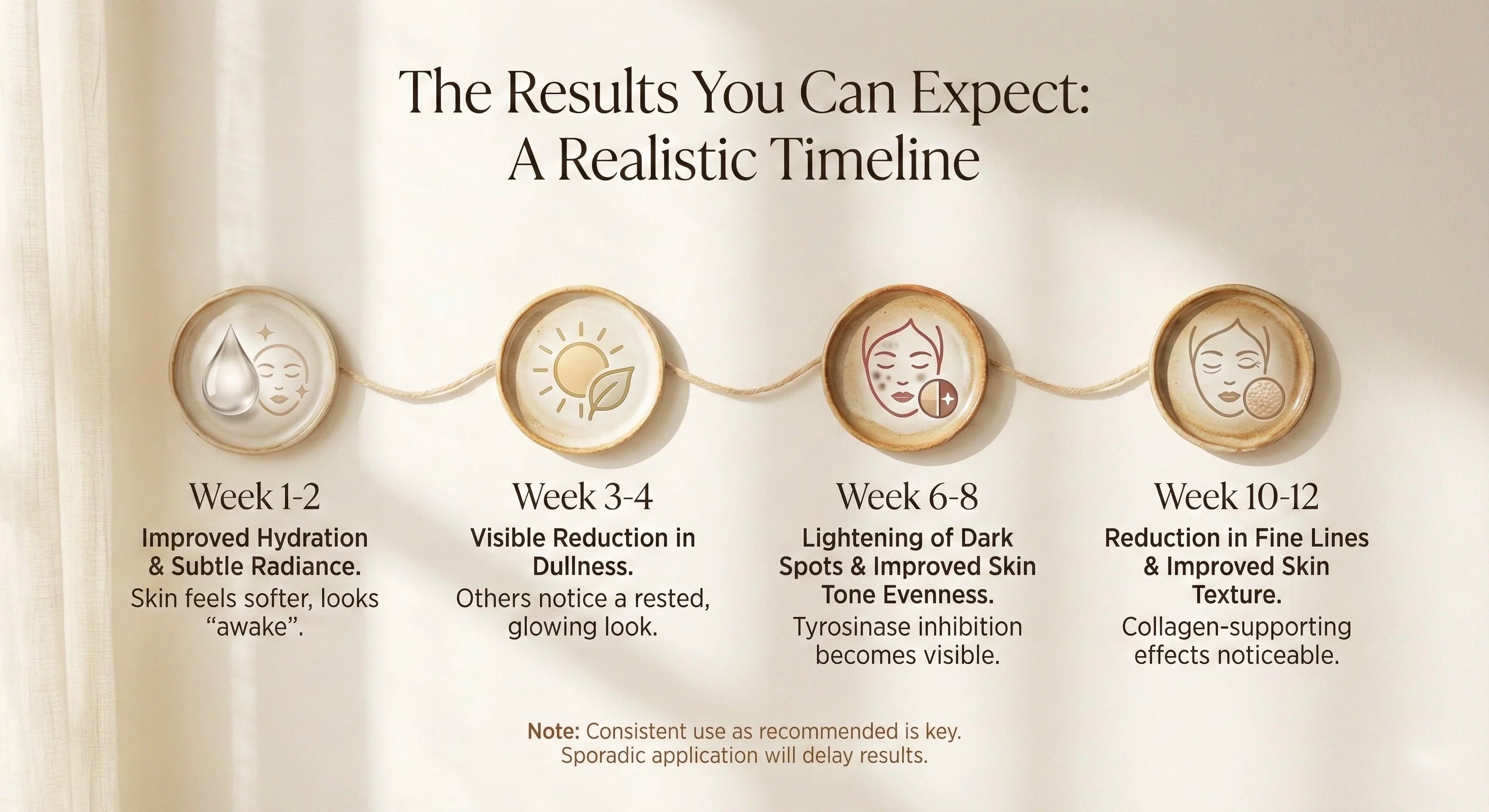 Infographics on Timeline of Results you can expect after using saffron for Skin on a beige background