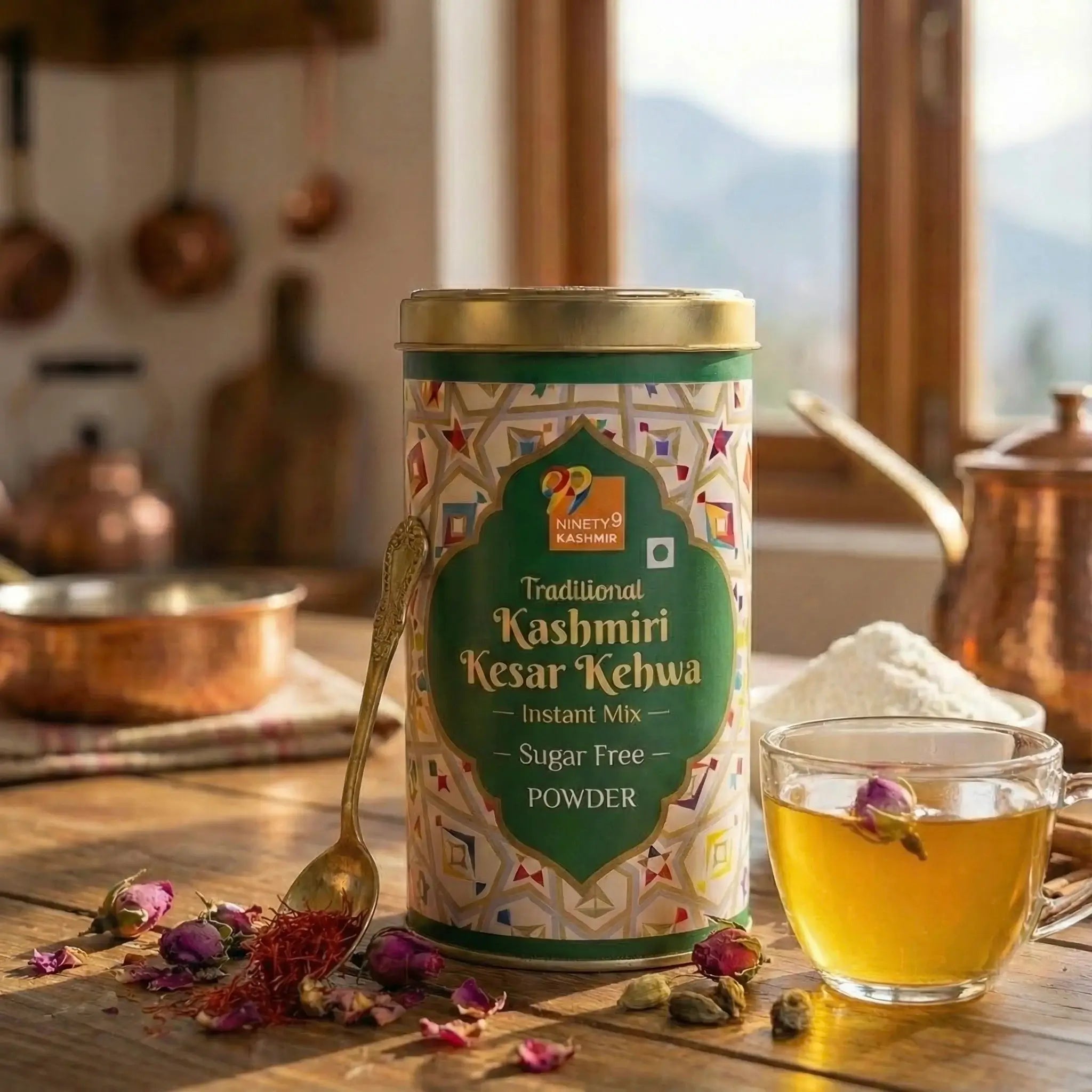 Traditional Kashmiri Kesar Kehwa powder canister with a cup of tea on a wooden table.
