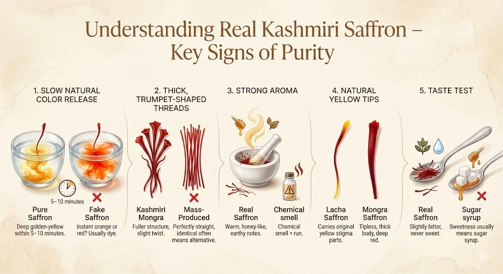 Chart detailing the key signs of real Kashmiri saffron with visual examples.