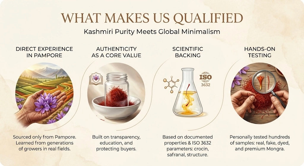 Qualifications of Kashmiri Purity with images and text on a beige background