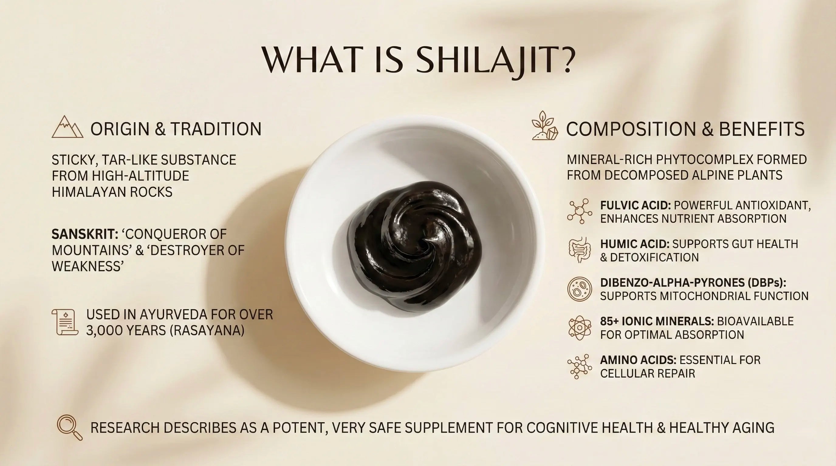 Shilajit in a white bowl with text on its origin, tradition, composition, benefits, and uses.
