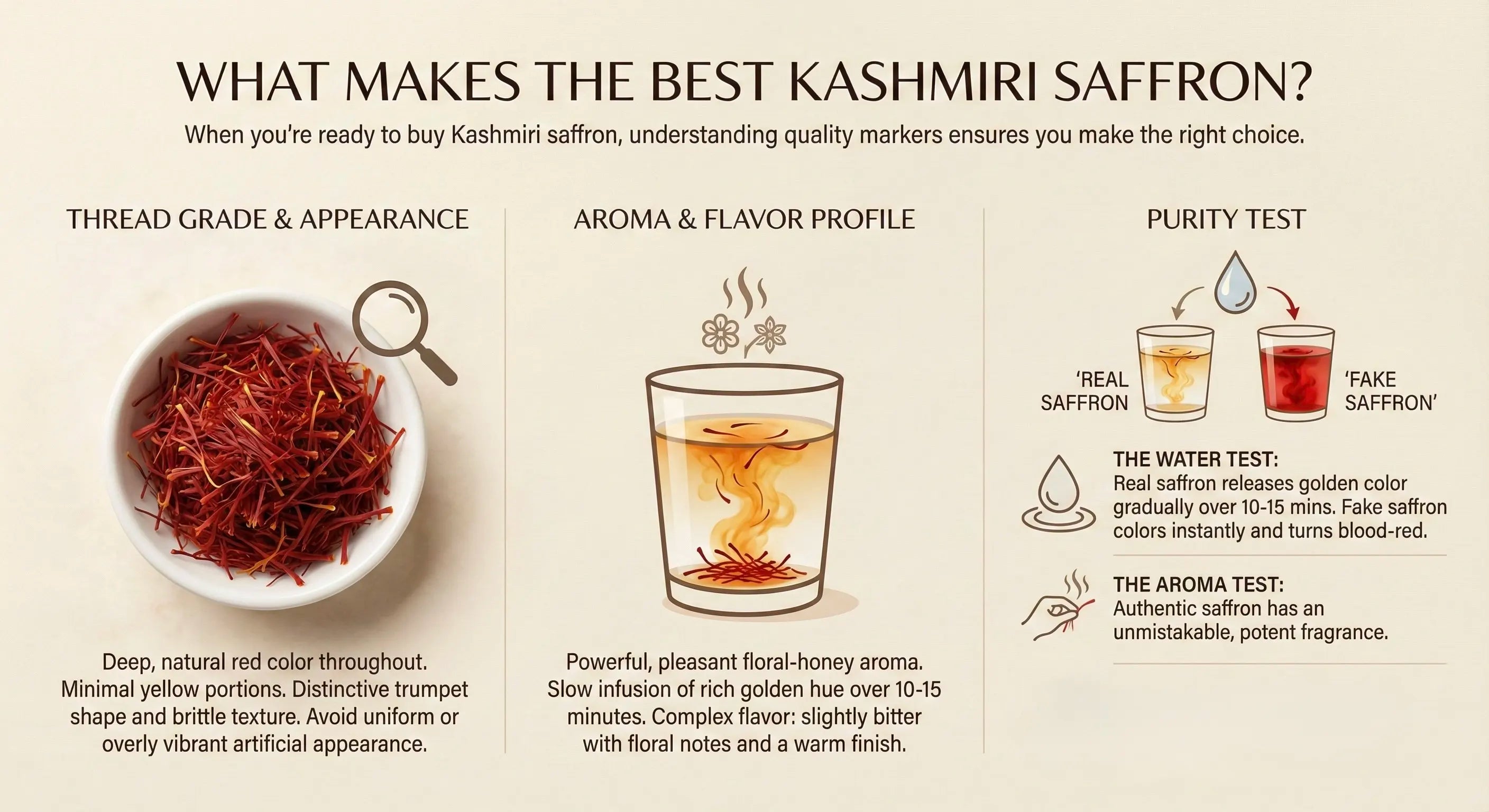 Infographic on how to identify the best Kashmiri saffron with illustrations and text.