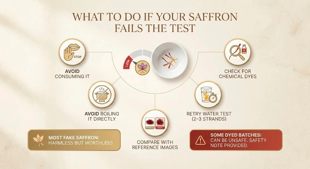 Infograph on what to do if saffron fails a test with icons and text.