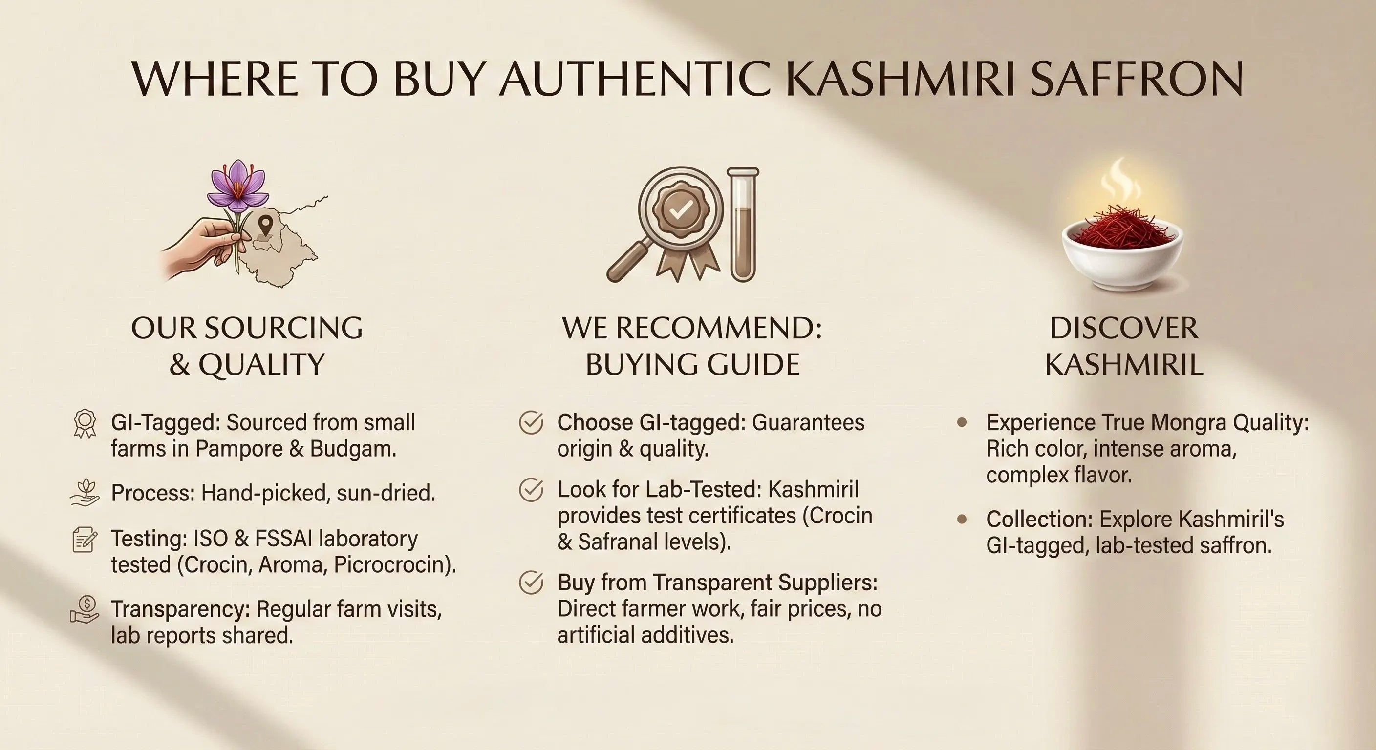 Infographic on buying authentic Kashmiri saffron with icons and text.