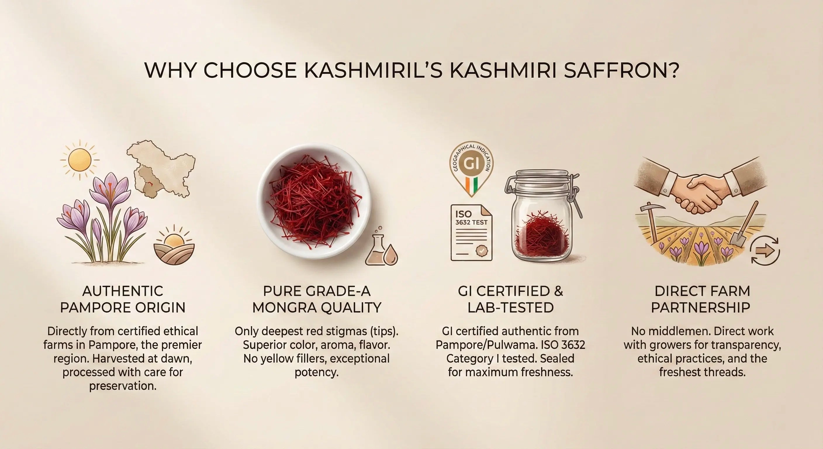 Promotional graphic for Kashmiri Saffron highlighting authenticity, quality, certification, and direct farm partnership.