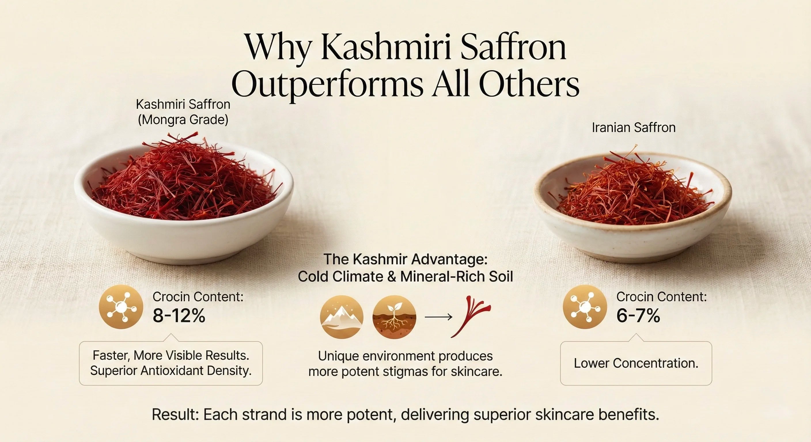 Infographics on Why Kashmiri Saffron Outperforms All Other Saffron on a beige Background