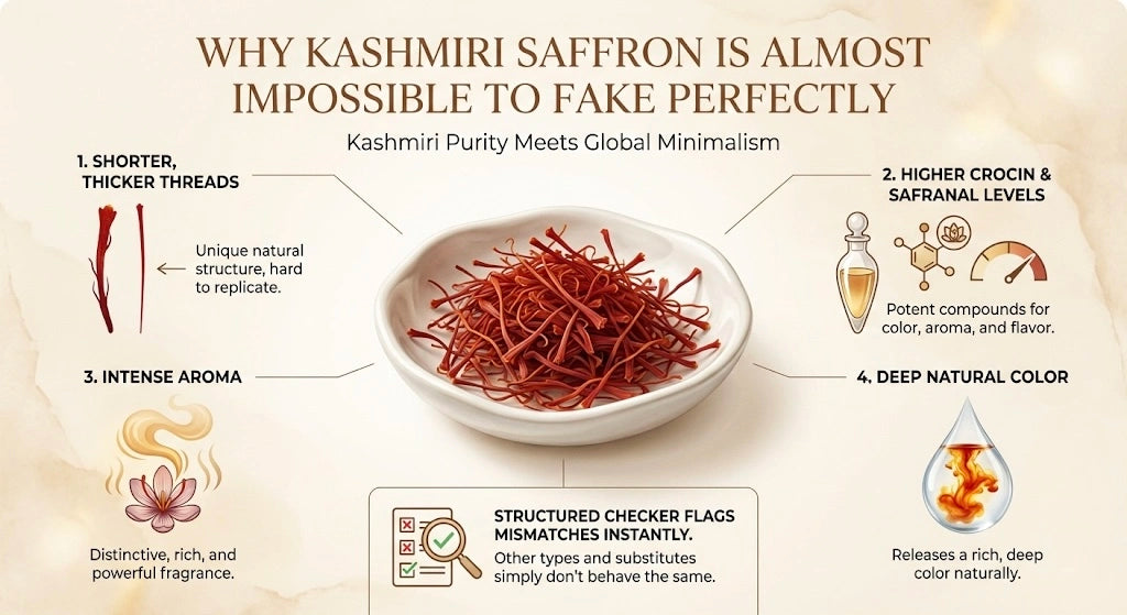 Infograph explaining why Kashmiri saffron is almost impossible to fake perfectly, featuring a bowl of saffron with text and icons.