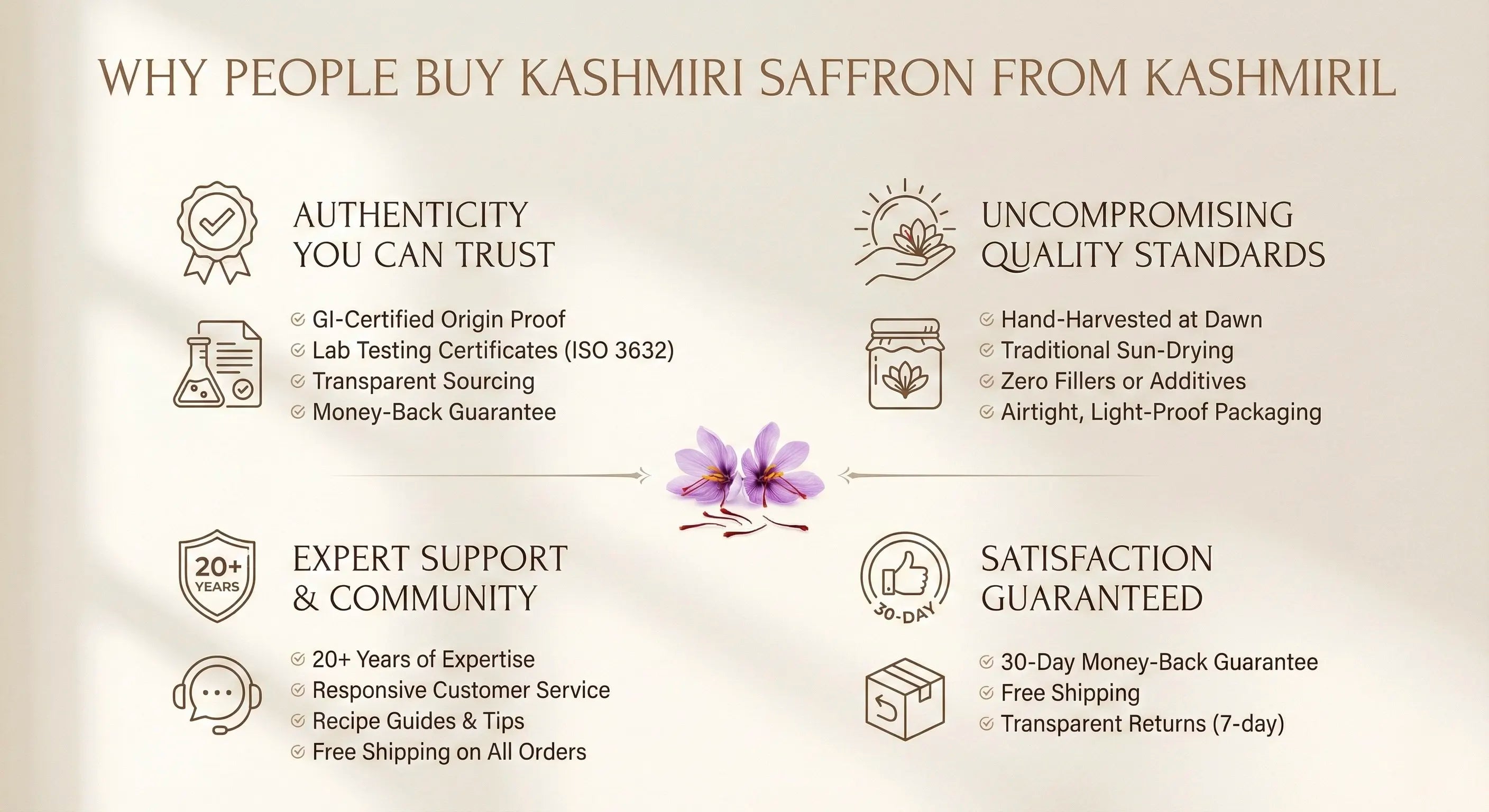 Infographic detailing reasons why people buy Kashmiri saffron from Kashmiril