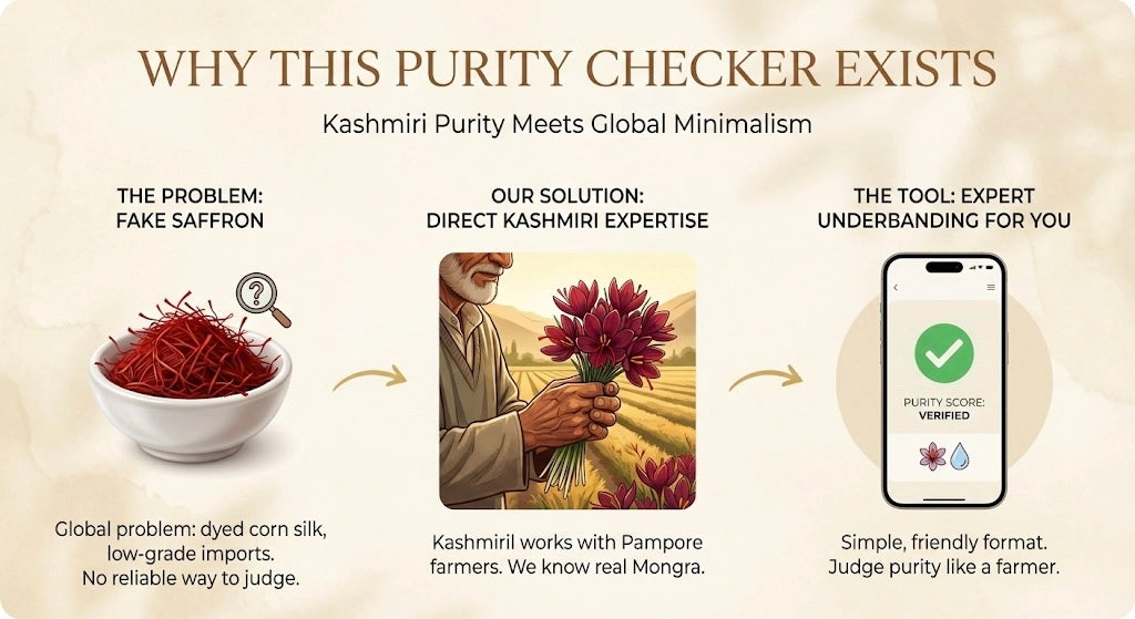 Explanation of a Saffron purity checker for Kashmiri saffron, highlighting its purpose and features.