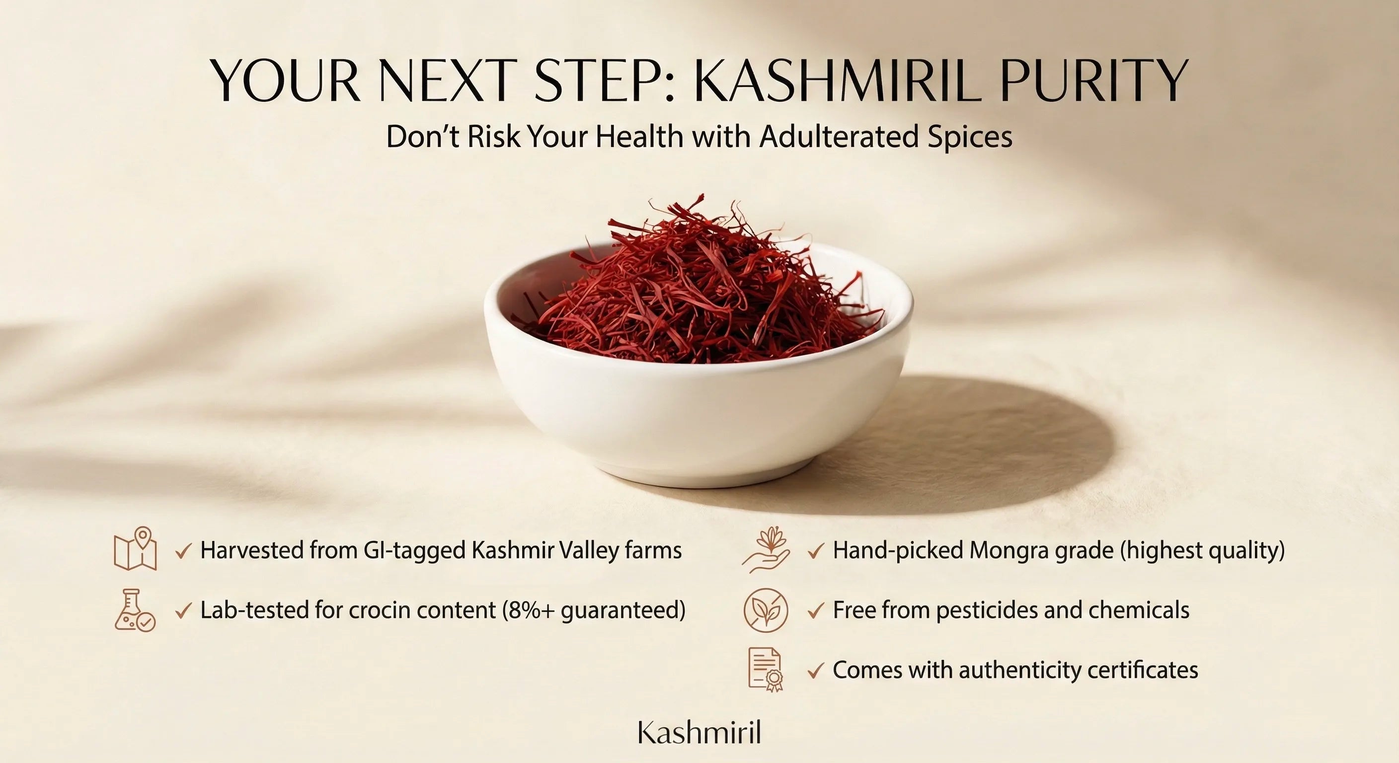 Spices in a white bowl with promotional text about Kashmiri spices on a beige background